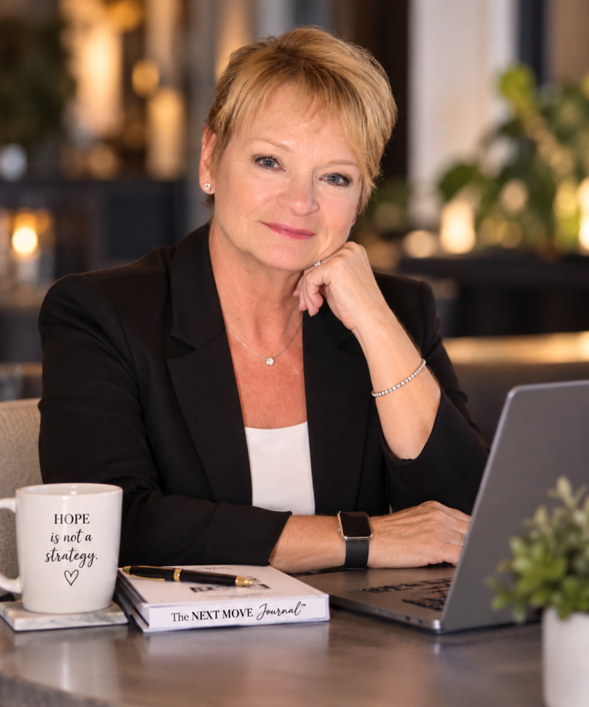 Barbara Proctor with The Next Move Journal at a café